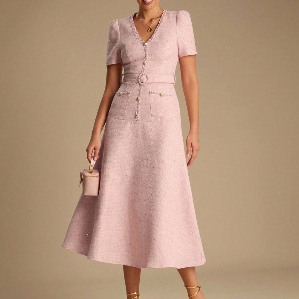 Pink Romantic Women's Elegant V Neck Sequin detailed midi Dress